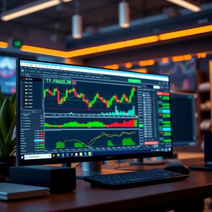 Illustration of a computer screen displaying a forex trading platform with virtual funds and currency charts