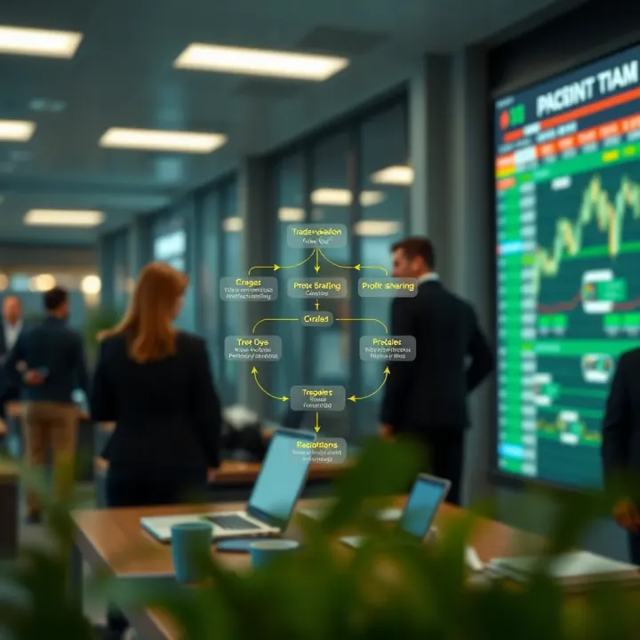 Diagram illustrating the structure and workflow of a proprietary trading firm, highlighting key components such as trader evaluation and profit-sharing