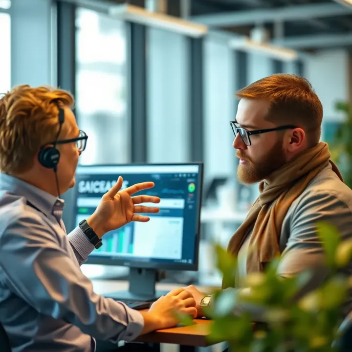 Business professional demonstrating software features to a client in a modern office setting