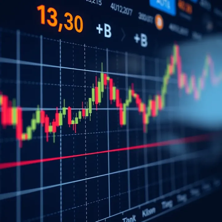 Graph showing cryptocurrency market trends with digital currency symbols and trading candlesticks